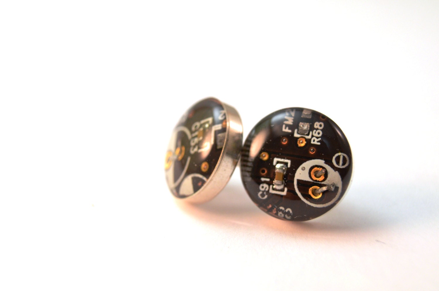 Circuit Board Stud Earrings Sterling Silver Circle Brown