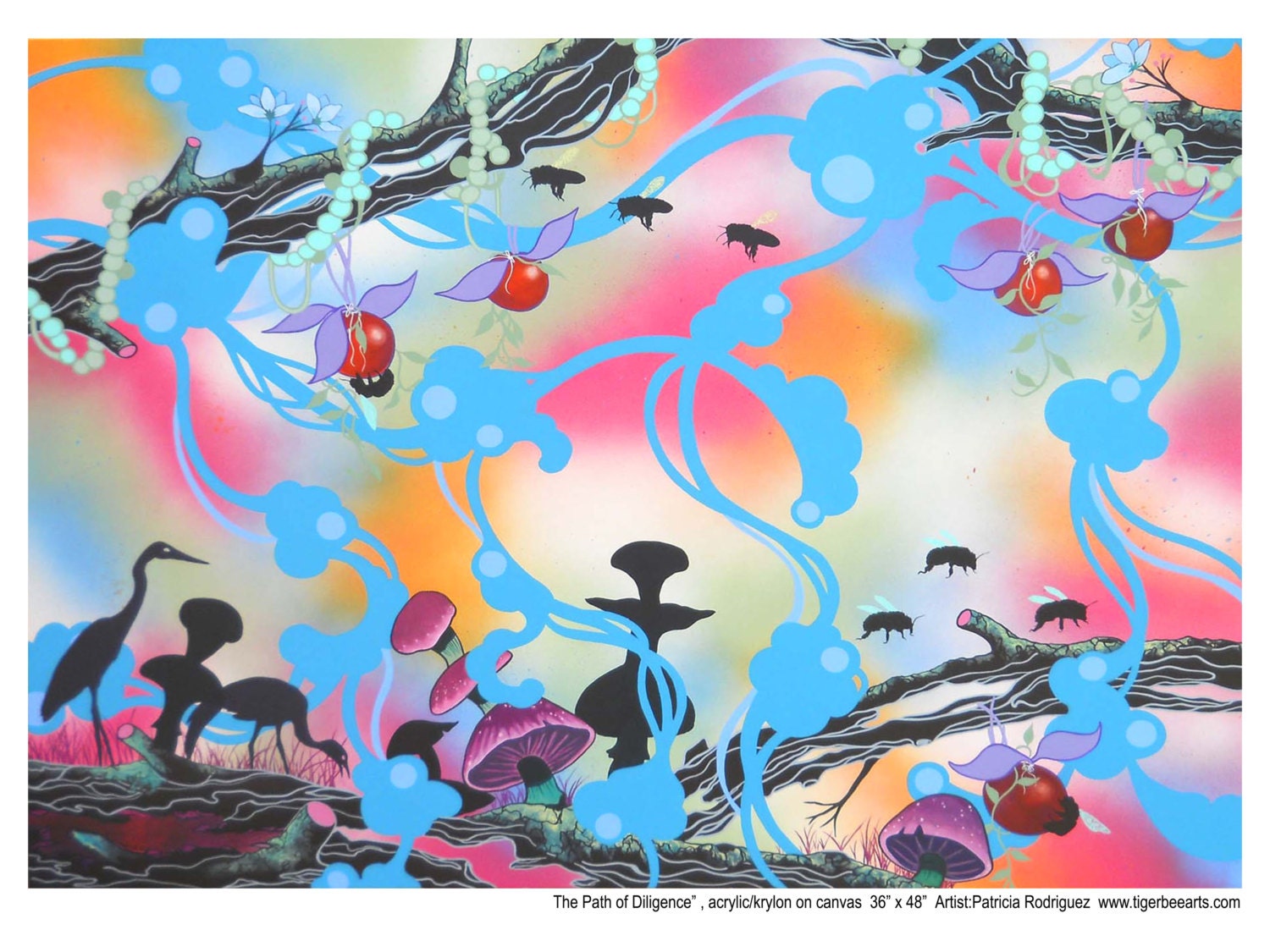 Contemporary Art Print Cranes and Bees Zen Garden
