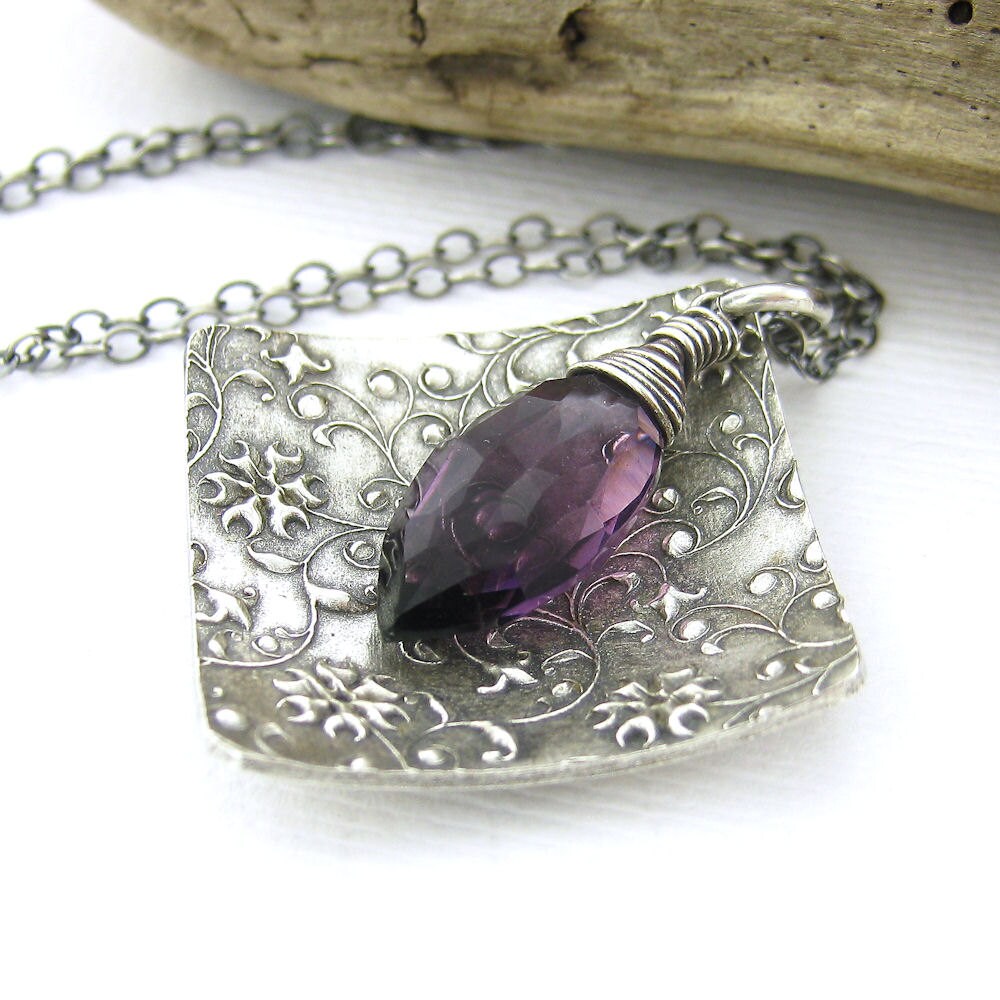 Amethyst Necklace Gemstone February Birthstone Purple Quartz Jewelry Square Pendant Handmade Jewelry - Contrast No. 13