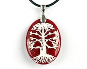 Engraved Stone Pendant - Tree of Life - Dyed Red Jade