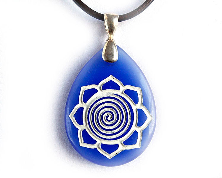 Spiral Lotus Necklace - Etched Blue Glass Pendant - Purity of Mind, Body & Soul