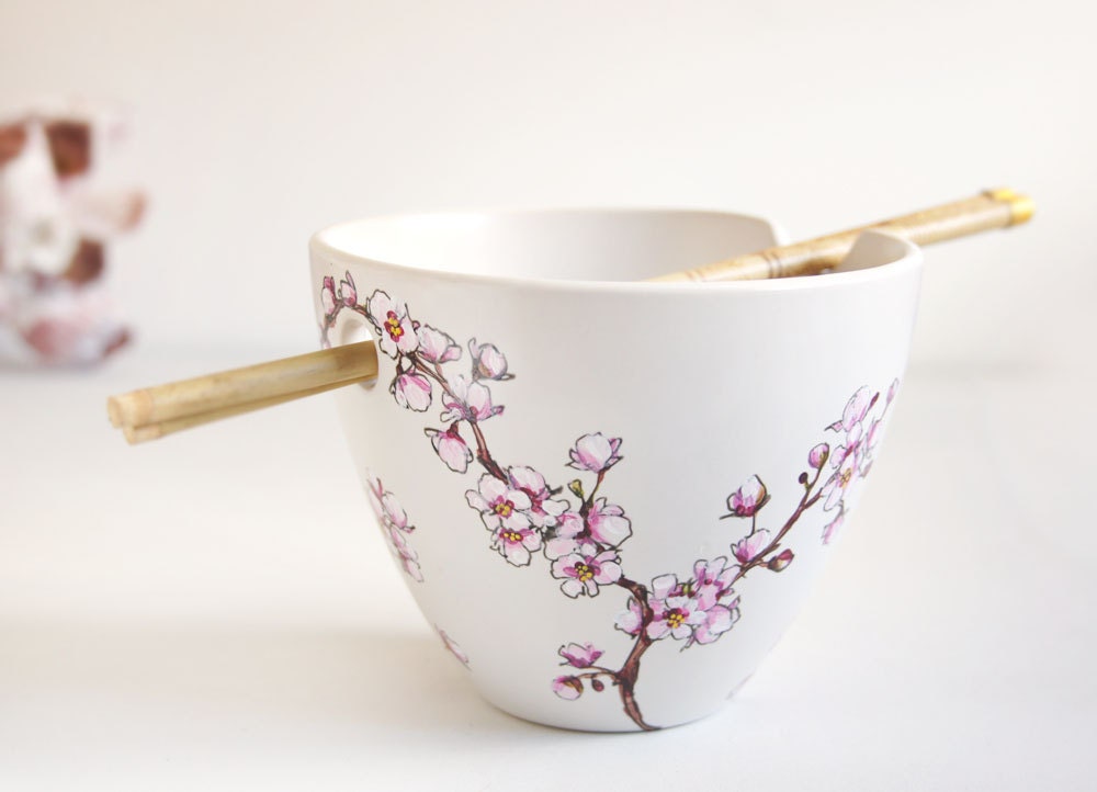 Hand Painted Noodle Bowl - Cherry Blossoms, Botanical Collection - made to order