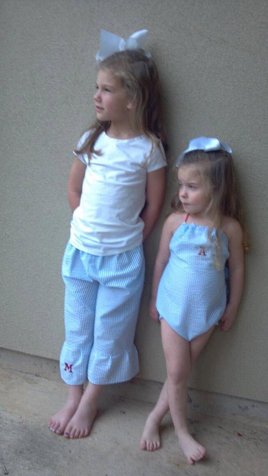 Sister Set matching Custom boutique initial me halter bubble romper and ruffle pant designer girls custom fabric pageant