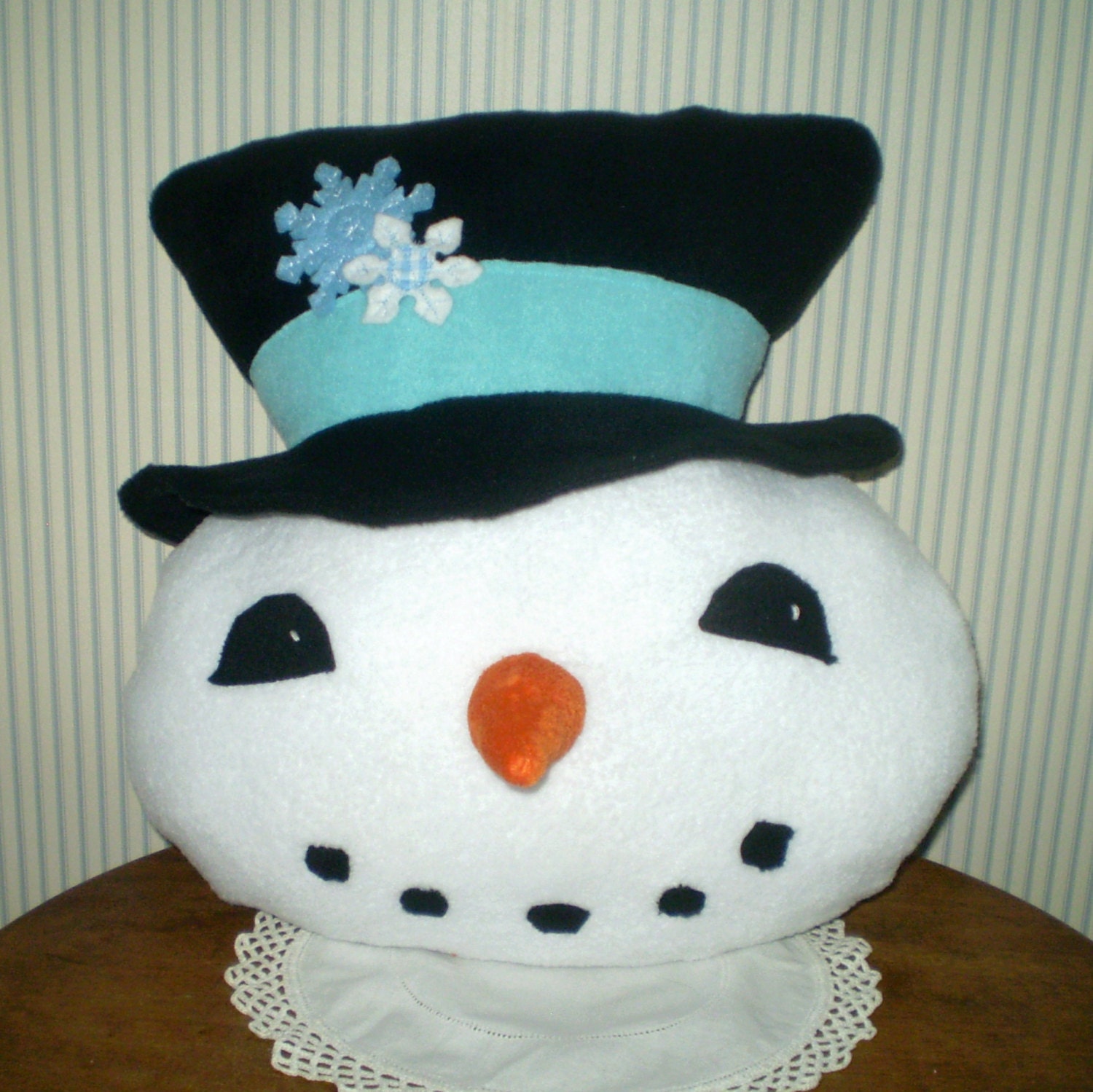 Frosty the Snowman pillow- Handmade fleece pillow with snowflake trim-- super soft Happy snowman pillow- white, black, blue-top hat