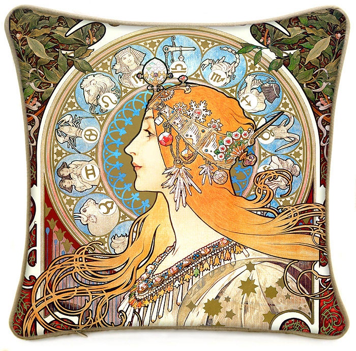 Mucha's zodiac cushion/pillow. Cushion/pillow with cream gilded linen