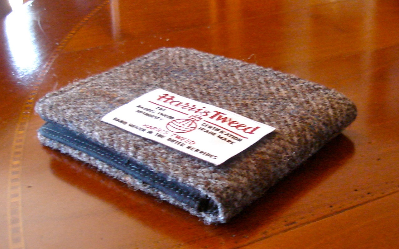 Harris tweed herringbone men's wool wallet  - 7 pocket billfold - water resistant lining -  tartan  blue brown