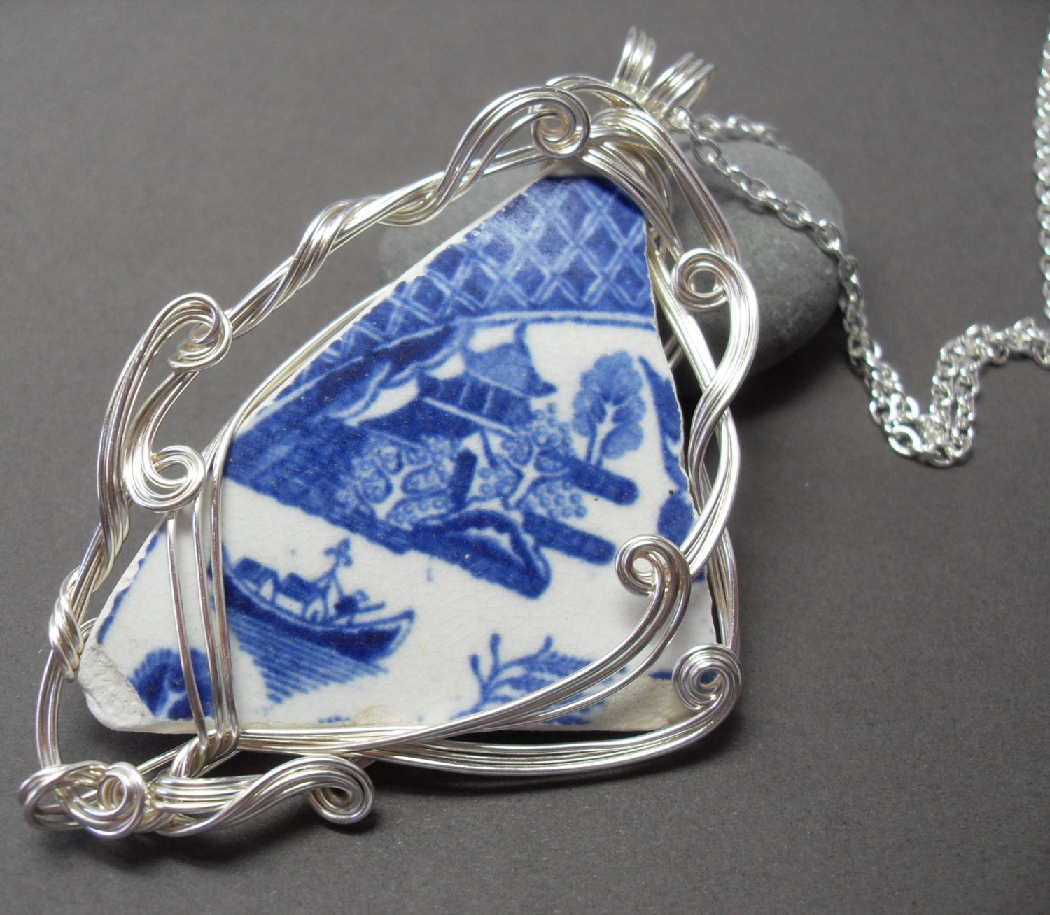 Blue Willow Sea China Necklace with Silver