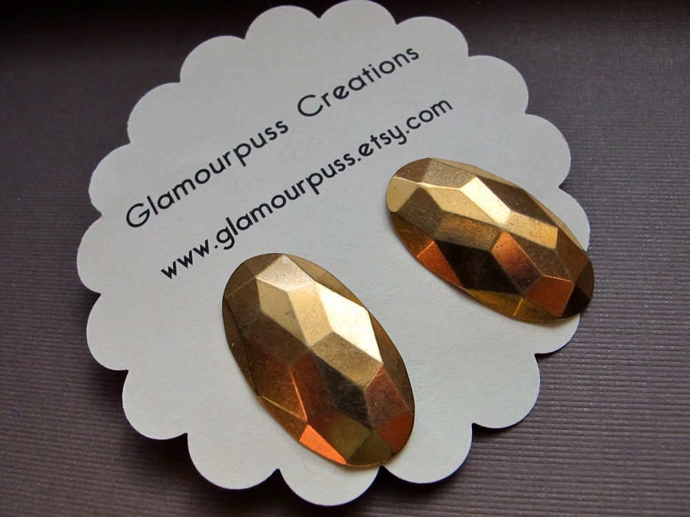 Brass Geometric Post Earrings, Oval Faceted Studs, Refurbished Vintage Post Earrings, Shiny Brass or Distressed, Geometric Earrings