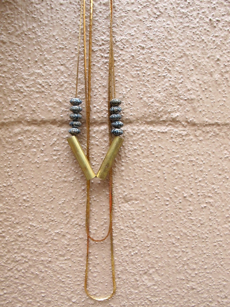 Triple Strand Tribal Bead Necklace, 1970s Brass Snake Chain, Etched Beads, Vintage Brass Tube Beads, Layered Necklace,  Tribal Necklace