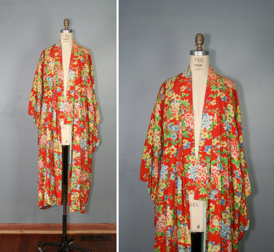silk . kimono . PARADISO . floral . antique . robe . hand . printed