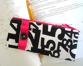Numbers Zipper Pouch, Cosmetic Bag, Pencil Case, Black and White with Pink