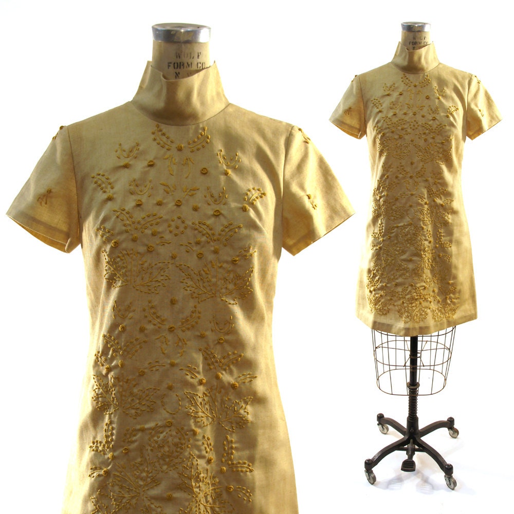 Embroidered Asian Shift Dress / Camel Cotton