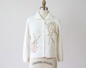 White 1950s Beaded Flower Cardigan Sweater - M