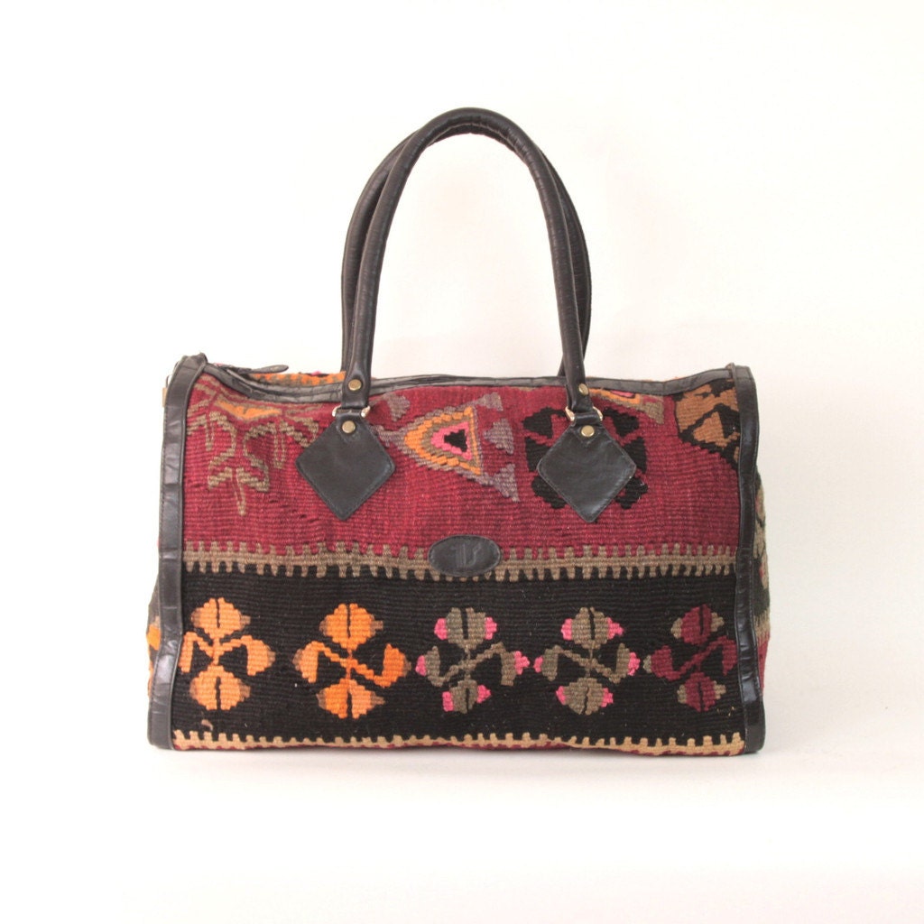 Vintage Kilim Overnight Bag Black Leather