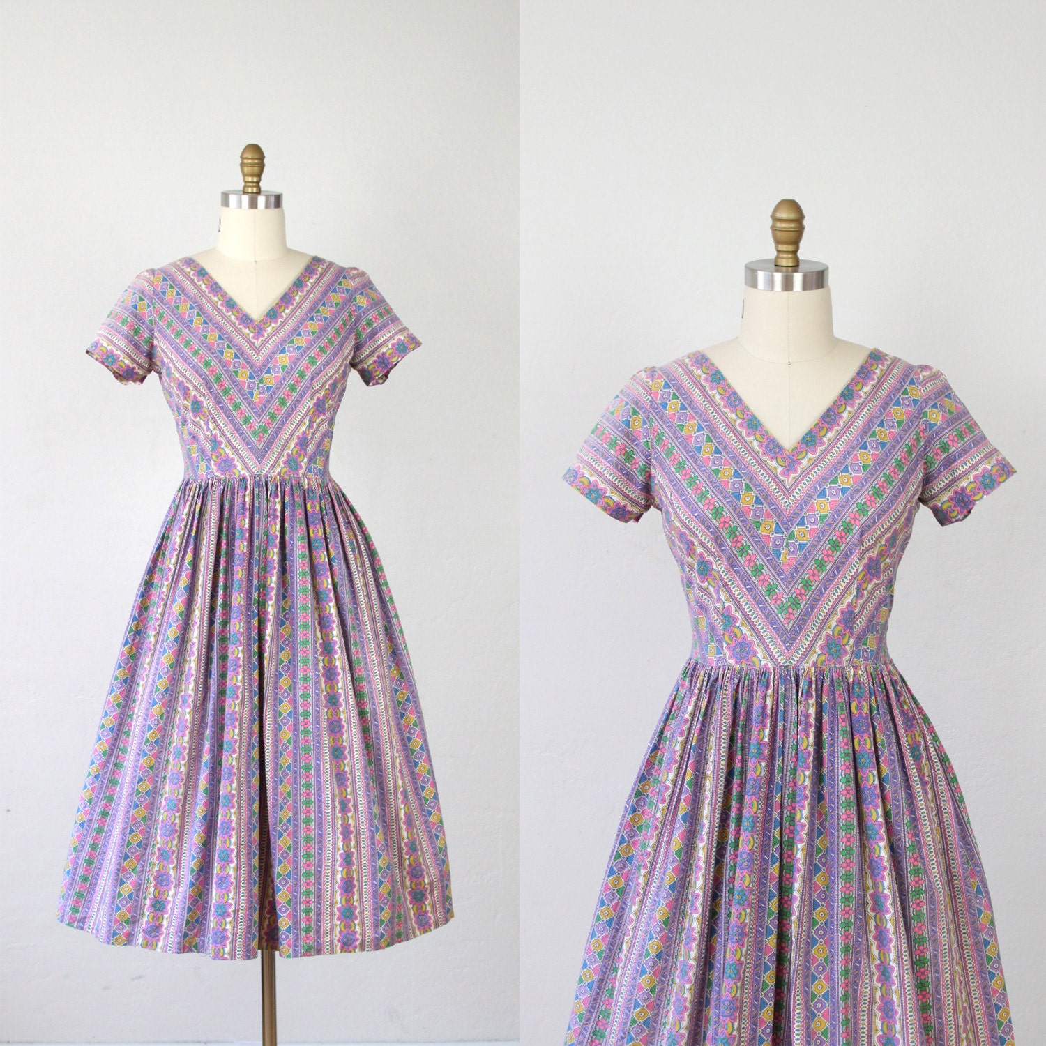 Vintage 1960's Purple Floral Print Dress - L