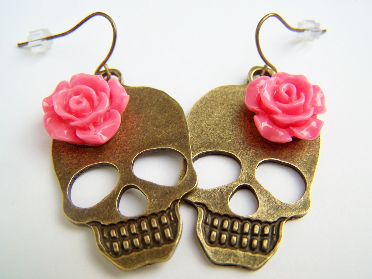 Day of the Dead Girl Skull Earrings with Pink Coral Flowers, Bronze Metal Skull Dangles, Dia de Los Muertos Jewelry - Huesos