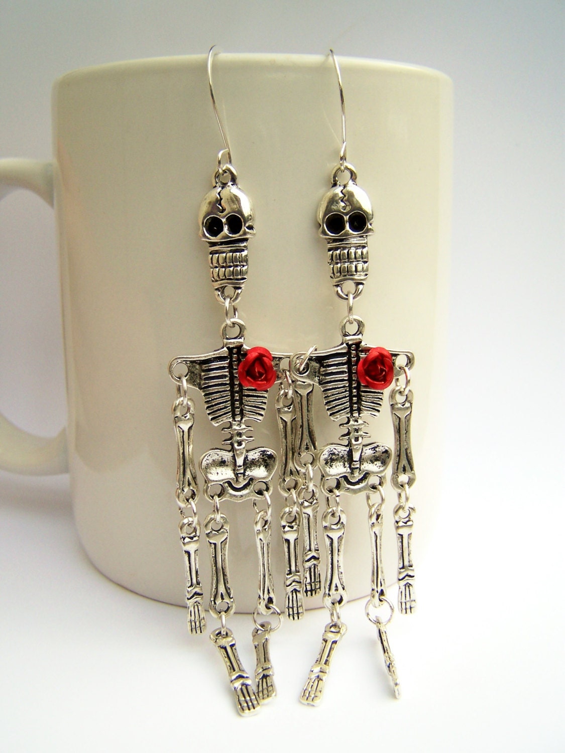 Metal Skeleton Earrings, Articulated Dancing Skeletons Dangles, Long Day of the Dead Earrings, Silvertone - Bones