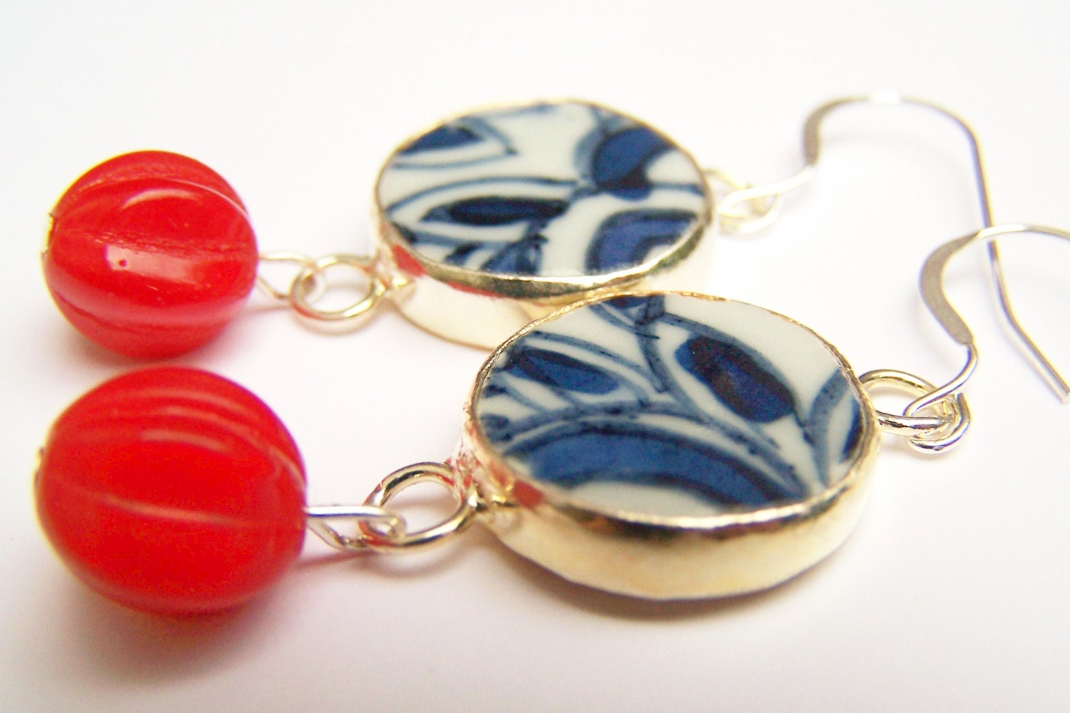 Patriotic Colors Red, White & Blue Earrings, Ming Pottery Shard Earrings, Dynasty Shards and Red Beads on Sterling Silver Hooks - Zhing