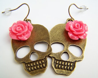 Day of the Dead Girl Skull Earrings with Pink Coral Flowers, Bronze Metal Skull Dangles, Dia de Los Muertos Jewelry - Huesos