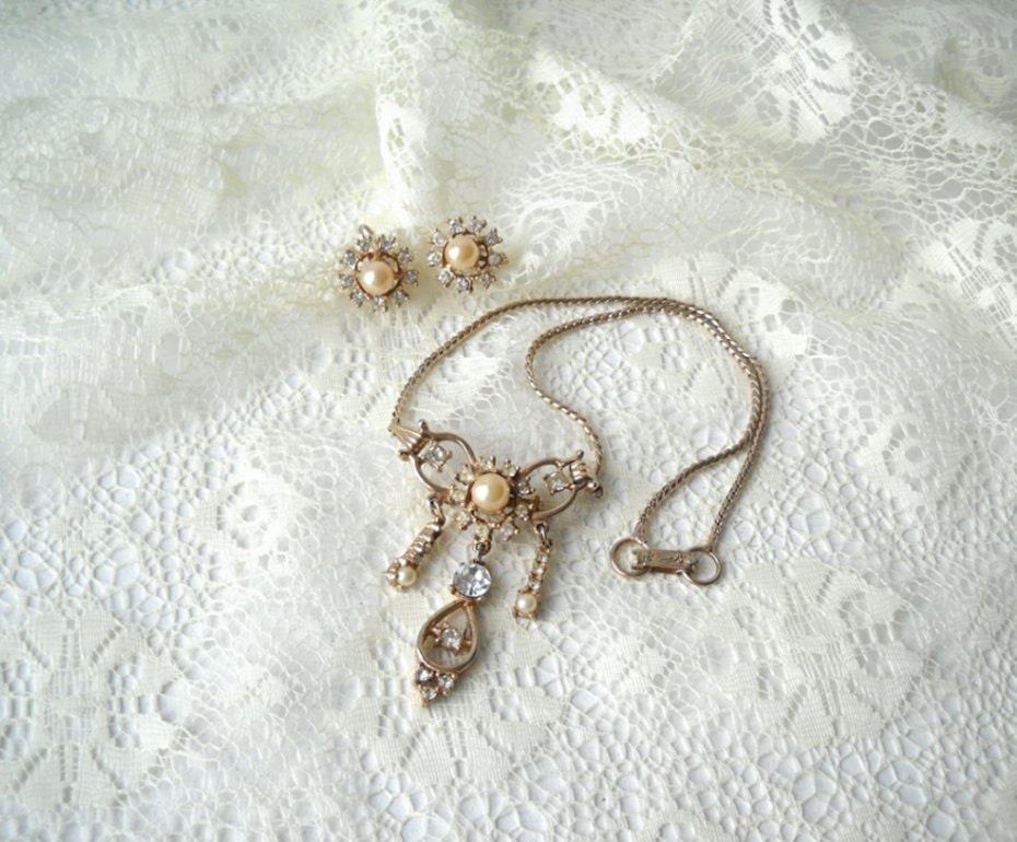 Vintage Necklace Earrings Convertible Brooch Rhinestones Pearl Demi Parure