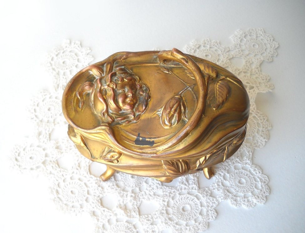Antique Art Nouveau - Gilt Jewelry Casket - Figural Vanity Box - Lady Roses - Rogers SP Co