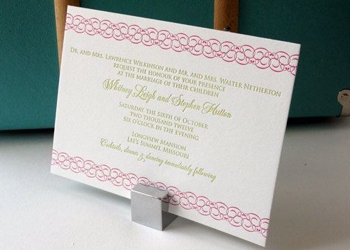 Letterpress wedding invitation - Pink and Green Love Knots Design