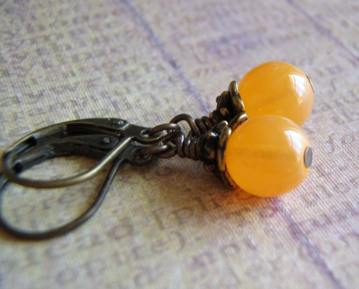 Orange Earrings  Antique Brass Lever Back Ear Wire  Czech Glass