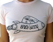 ON SALE Space Bunny--Women's Graphic Tee shirt-Hand Screen Printed Soft Cotton-Pink