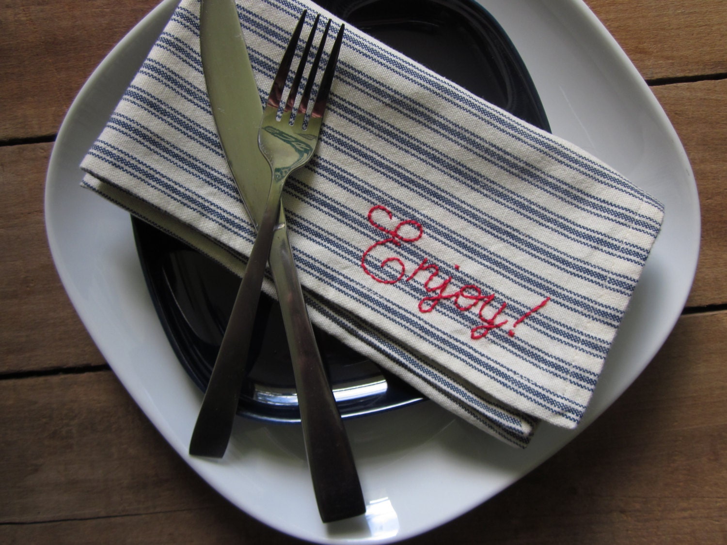 hand-embroidered ticking-stripe napkin