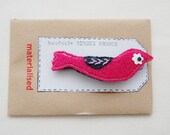 Shocking pink wool birdie brooch with hand embroidery