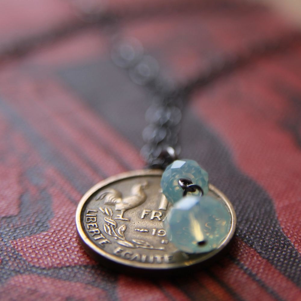 Rooster Necklace with Vintage Coin and Swarovski Crystal