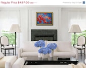 modern decor, Red poppy flower Painting Wall art Original 18x24" red home decor, turquoise blue green & metallic gold shimmer