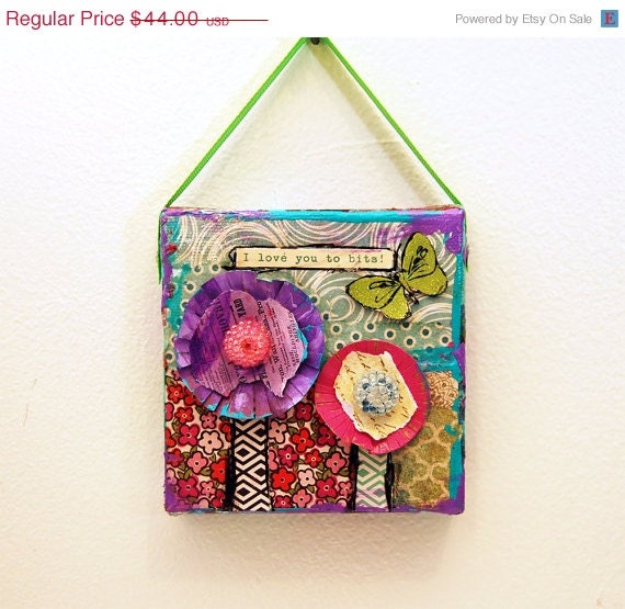 floral home decor art, purple pink aqua chartreuse green mixed media original flower canvas art 4x4" wall hanging butterfly