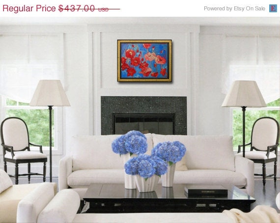 modern decor, Red poppy flower Painting Wall art Original 18x24" red home decor, turquoise blue green & metallic gold shimmer