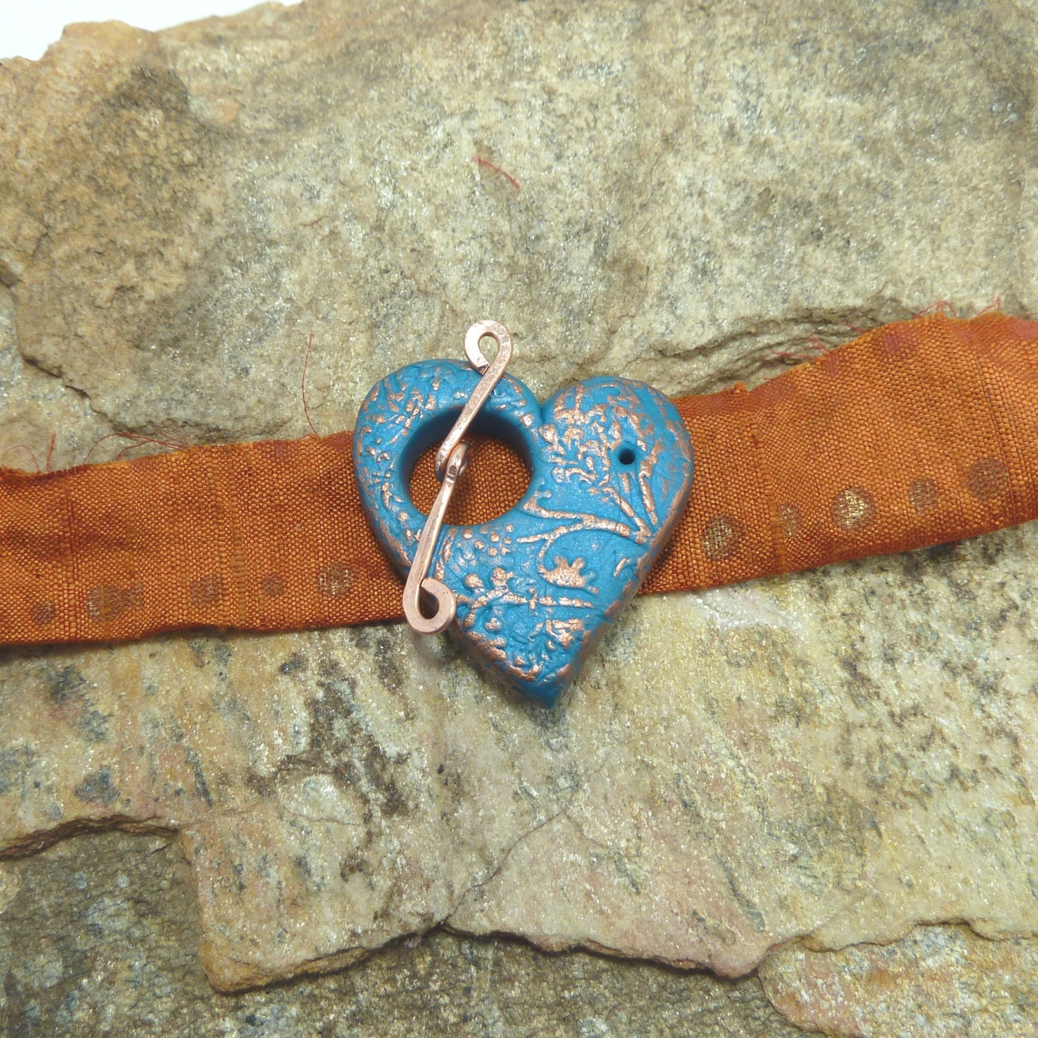 Handmade Heart Toggle Clasp  - Turquoise antiqued with Copper