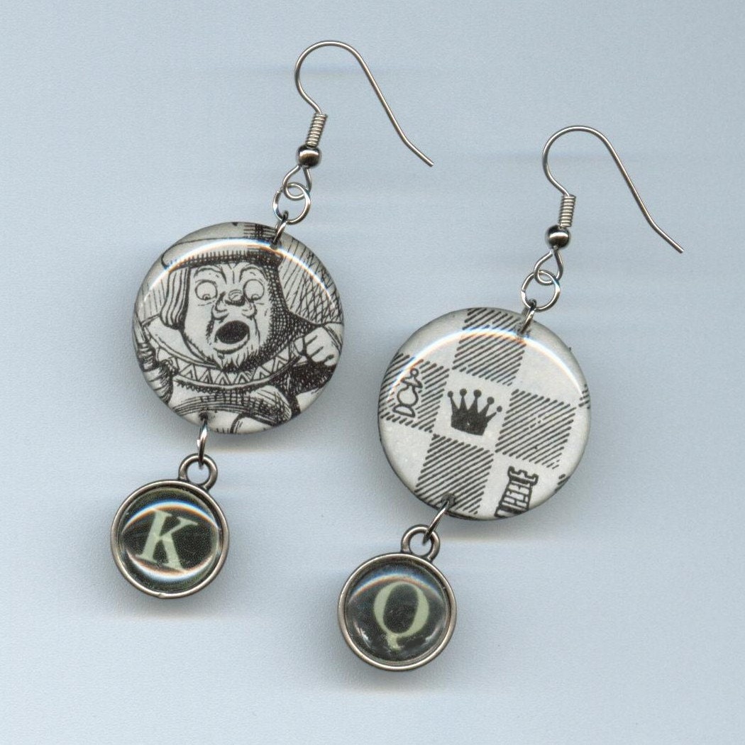 Chess Earrings recycled book pages Through the Looking Glass