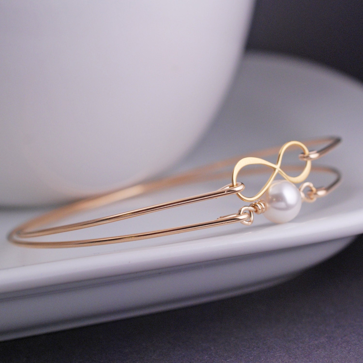 Gold Infinity and Pearl Bangle Bracelet Set,  White Pearl Bracelet, Gold Anniversary Jewelry, Valentine's Day gift, Bracelet, Pearl Jewelry