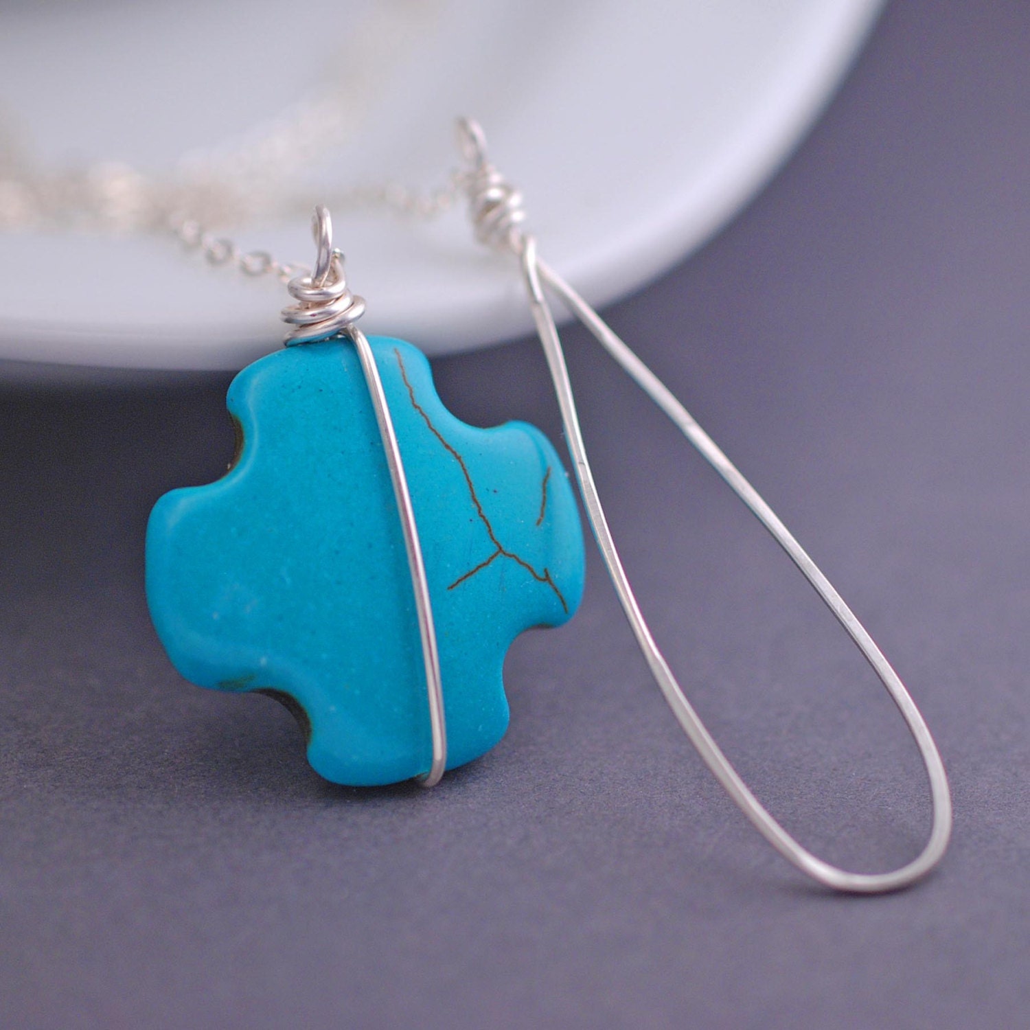 Cross Necklace, Turquoise Lariat Necklace, Sterling Silver Lariat, Unique Necklace