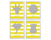 Boys Nursery Art, ANY COLOR, Set of Four 8x10 Prints, Grey and Yellow Nursery Art, Zoo Safari Animals, Giraffe Elephant Hippo Lion