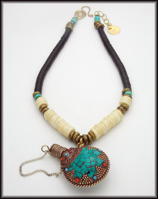 TIBETAN SNUFF BOTTLE - Coral - African Vulcanite - Handmade Tibetan Snuff Bottle Pendant Necklace