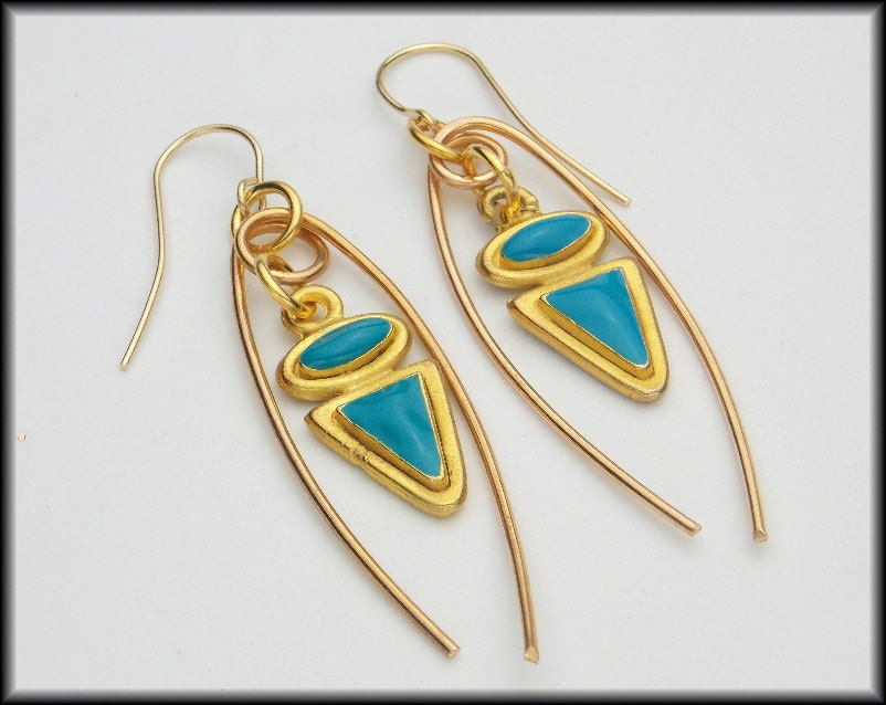 EGYPTIAN DROPS - Handforged Bronze and Vintage Enamelled Drops Long Earrings