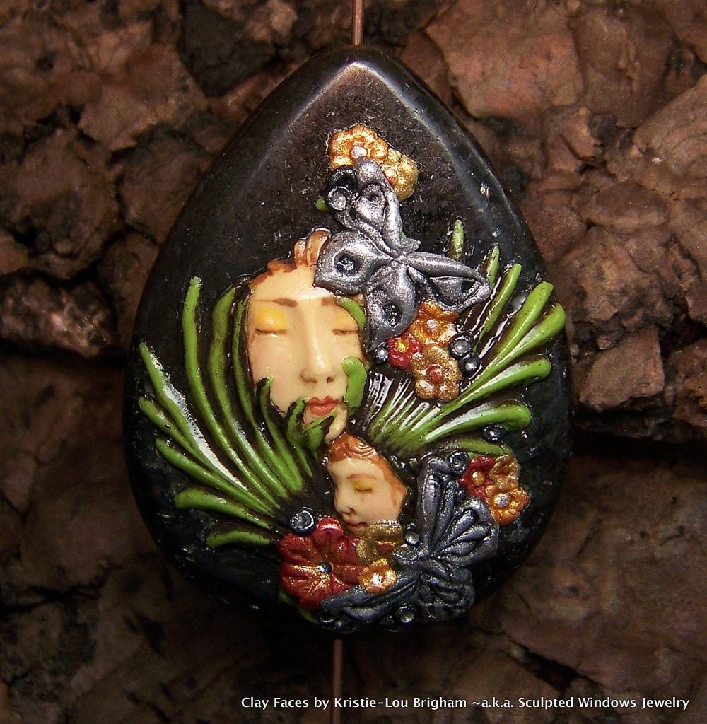 Tropical Flowers and Butterflies Mother and Child Faces BEAD Black Pinfire Labradorite and Polymer Clay