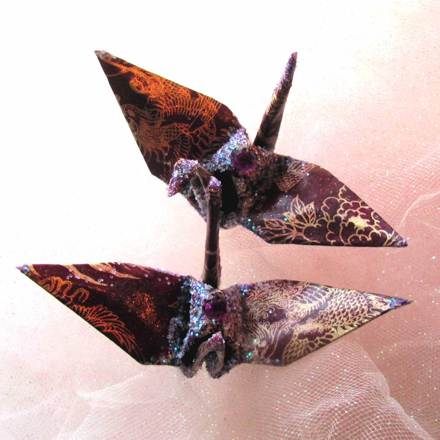 Peony Phoenix Peace Crane Wedding Cake Topper Party Favor Origami Christmas Ornament Japanese Bird Gold Purple Lotka Paper