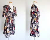Rayon Cotton romper / bold Floral Print in Navy Blue Cream Mustard Green Wine / Belted / Pockets