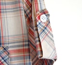 vintage 80s Madras Plaid Shirt / cream red blue tan / short tabbed sleeves / buttoned chest pockets