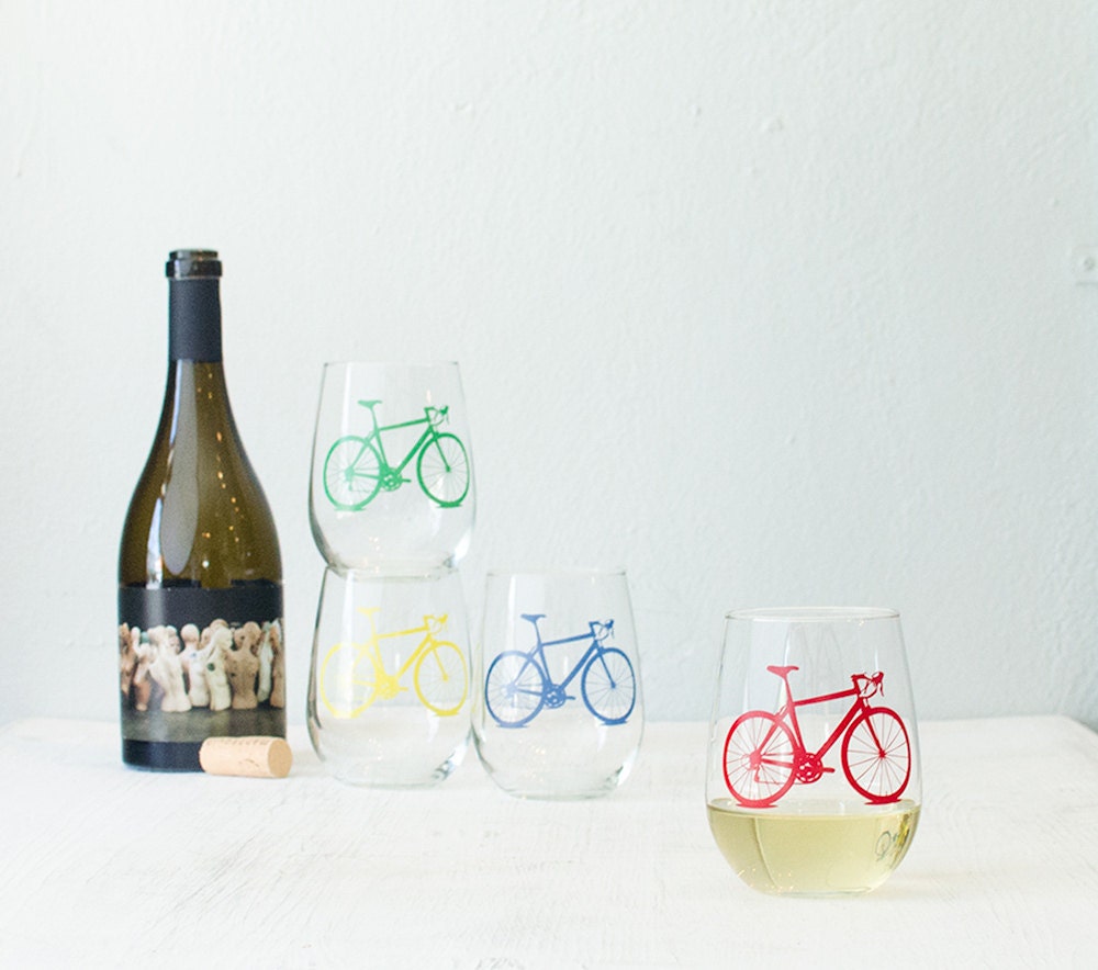 BICYCLE WINE GLASSES screen printed bike stemless wine glasses red yellow blue green
