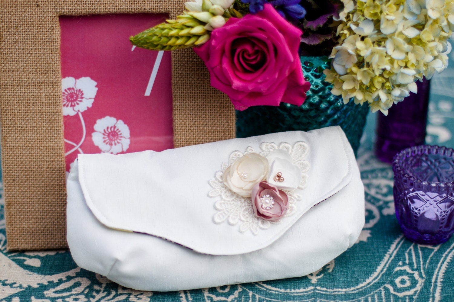 Wedding Clutch - Off-White Antique White with Flower Blossom and Applique detail