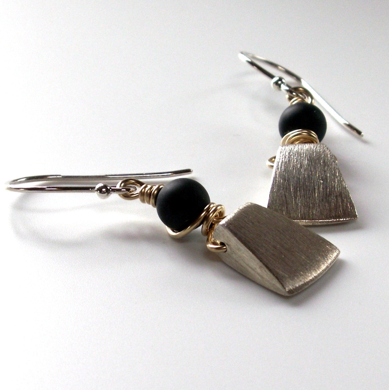 Black Onyx Earrings . Mixed Metal Dangle Drop Gemstone . Sterling Silver