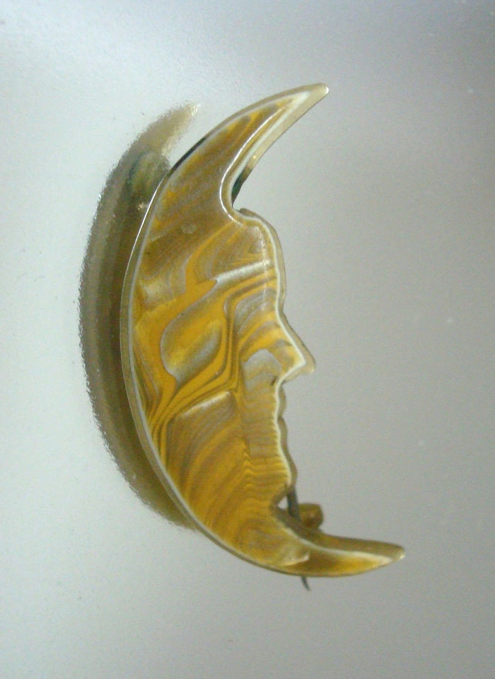 1940's Celluloid Pin Crescent Man in the Moon Brooch Vintage