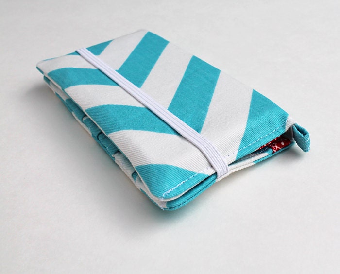 iphone / cell phone wallet. Aqua Chevron. Wristlet wallet for mobile phone.